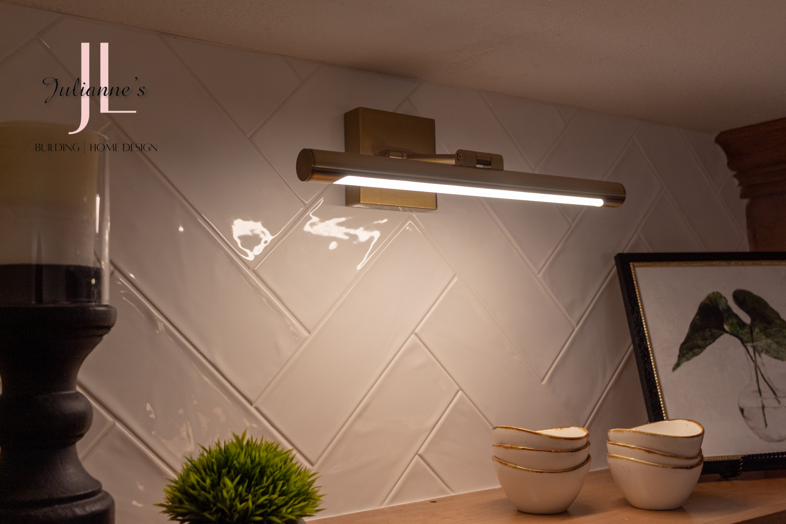 Updated lighting above open shelving.