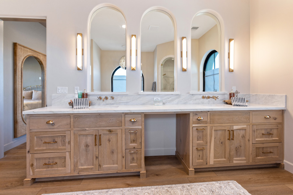 Primary Bath Double Vanity Wide View | Tuscan Farmhouse
