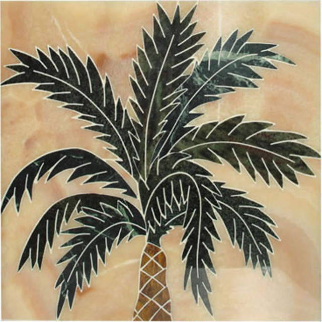 20"x20" Handcrafted Marble Mural Palm Tree Backsplash Tropical Tile