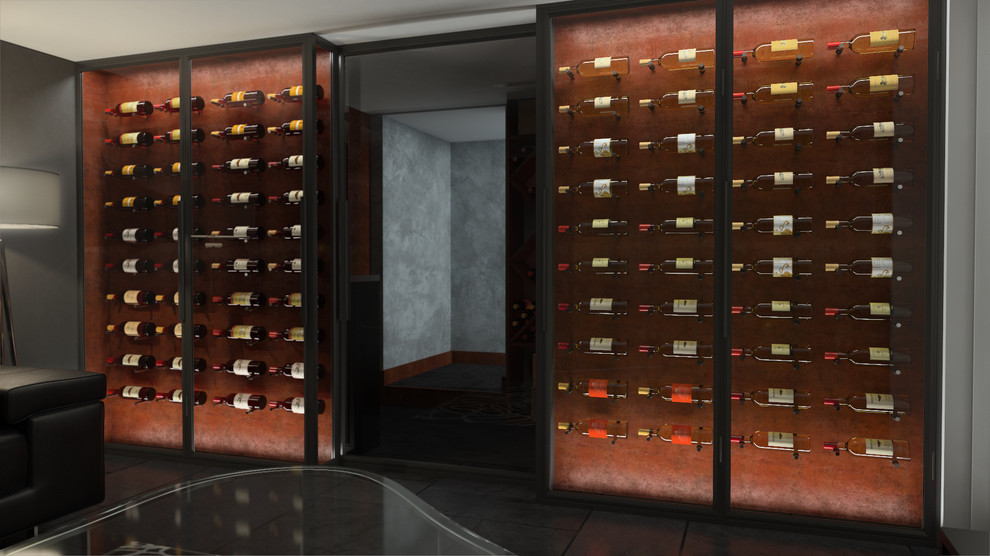 Large modern wine cellar in London with slate floors.