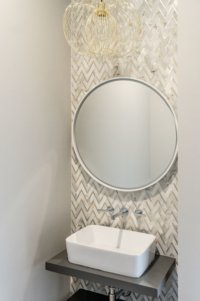 Inspiration for a small beach style powder room in Charleston with open cabinets, grey cabinets, multi-coloured tile, mosaic tile, grey walls, medium hardwood floors, wood benchtops, brown floor and grey benchtops.
