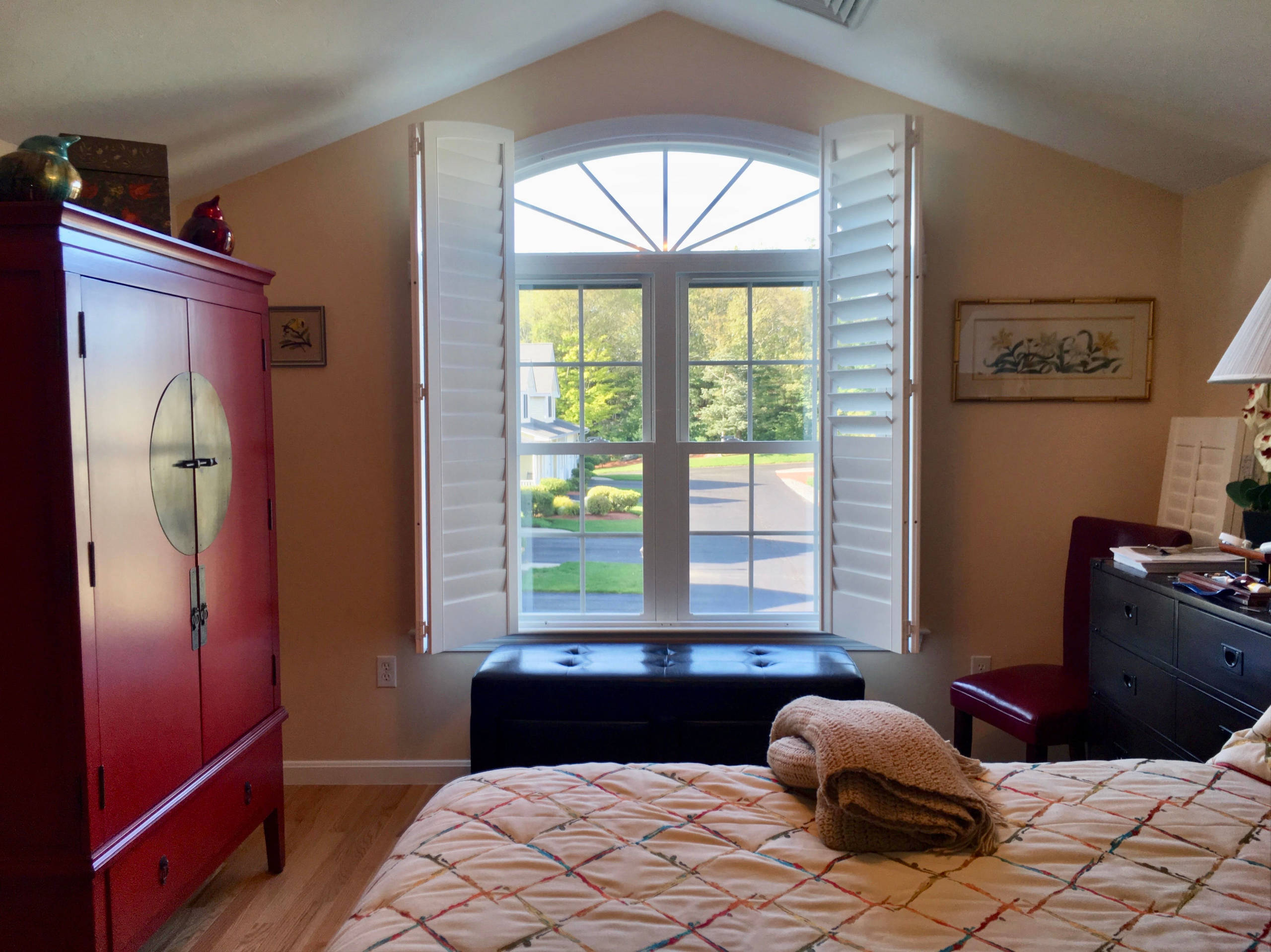 Challenging Arch Top Window in Master Bedroom with Oriental Influence