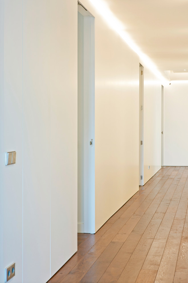 Large contemporary hallway in Barcelona with white walls, medium hardwood floors and brown floor.