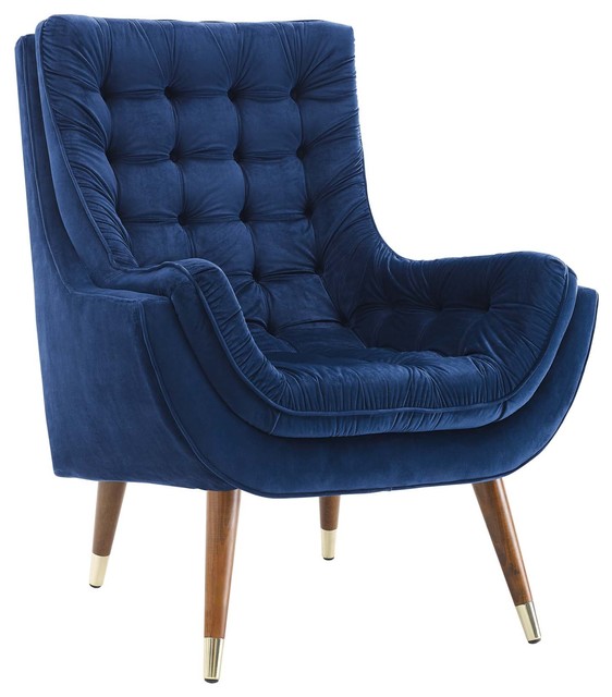 Suggest Button Tufted Upholstered Velvet Lounge Chair, Navy