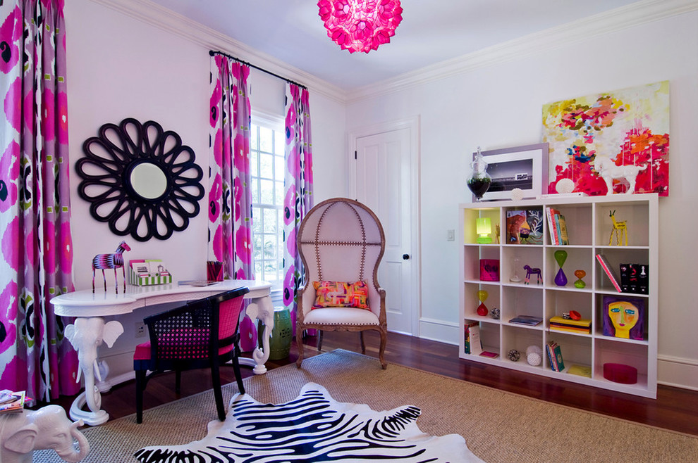 Eclectic kids' study room in Charlotte with white walls and dark hardwood floors for kids 4-10 years old and girls.
