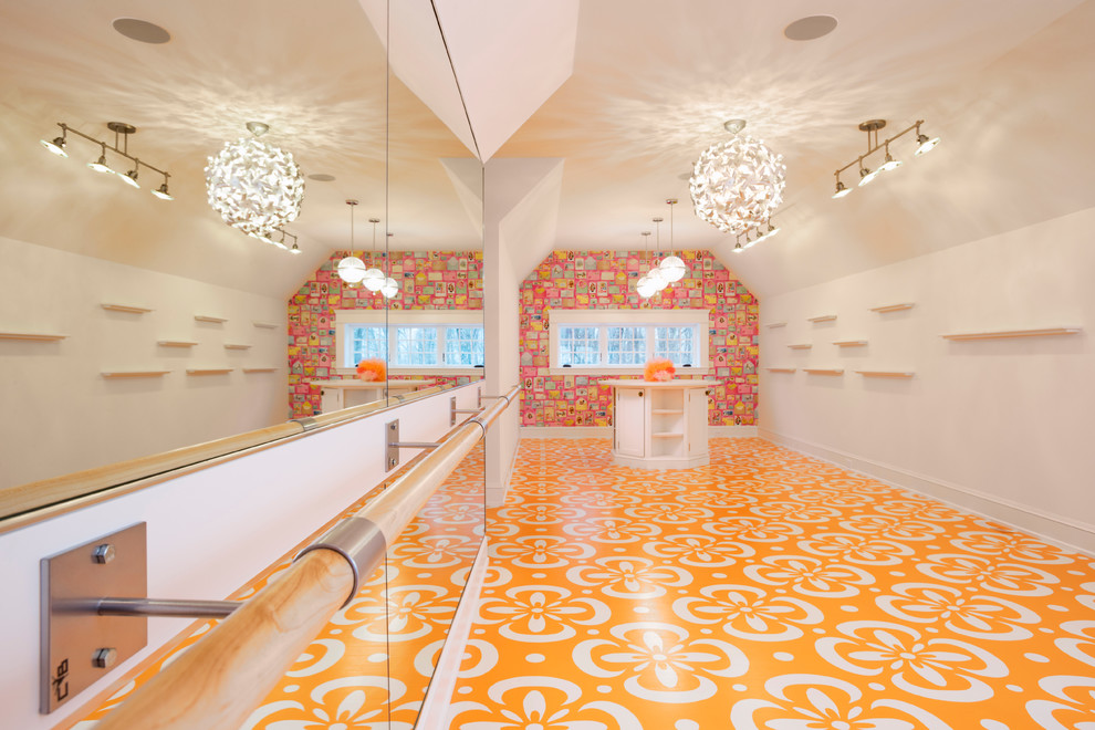 Contemporary kids' playroom in Minneapolis with white walls and orange floor for girls.