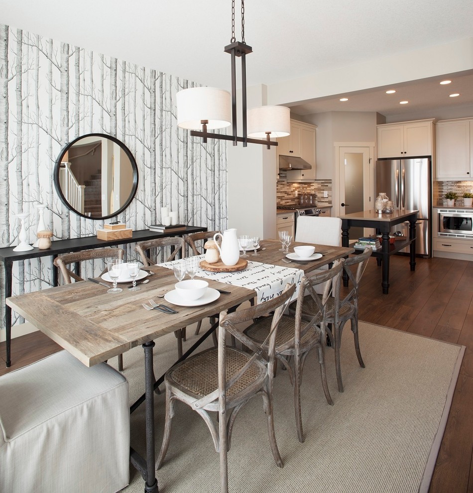 Design ideas for a transitional kitchen/dining combo in Edmonton with dark hardwood floors.