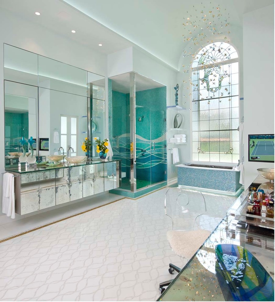 Design ideas for a large contemporary master bathroom in Dallas with a vessel sink, flat-panel cabinets, glass benchtops, a freestanding tub, a corner shower, a two-piece toilet, white tile, porcelain tile, blue walls and porcelain floors.
