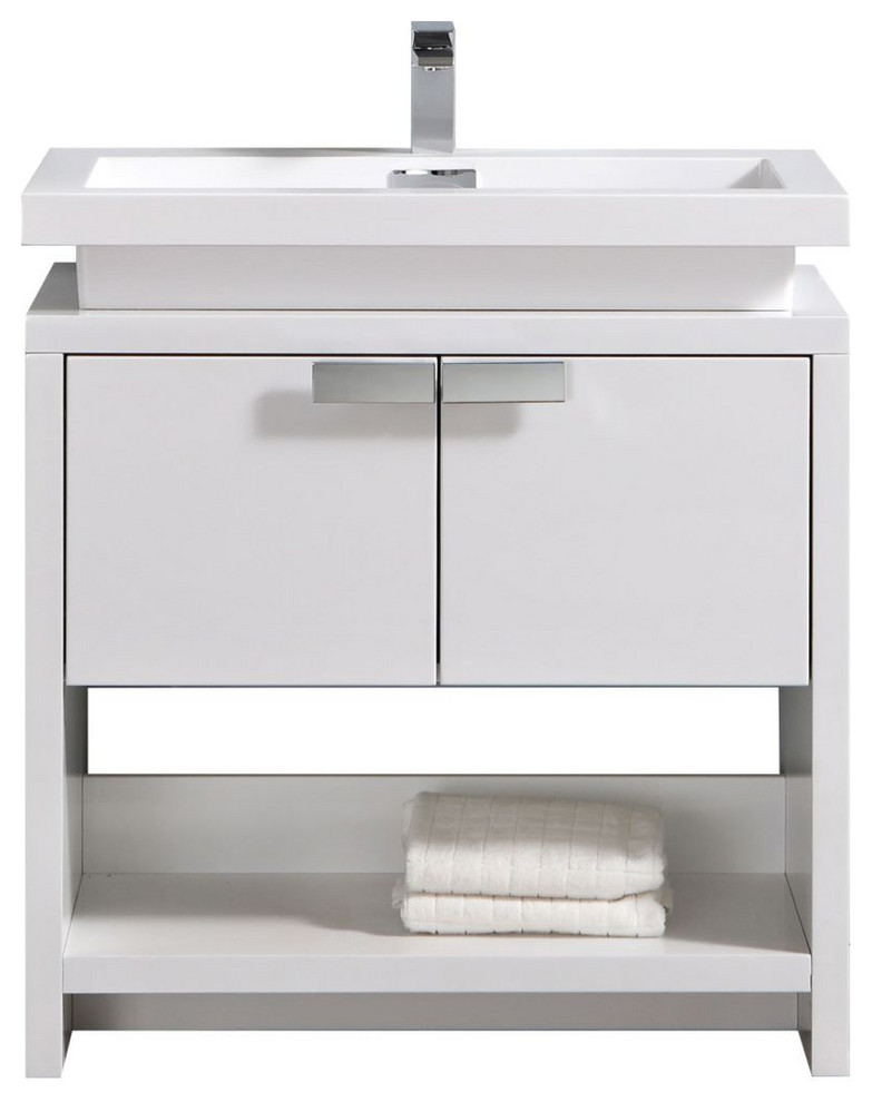 Levi 32" Bathroom Vanity With Cubby Hole, Ash Gray, High Gloss White