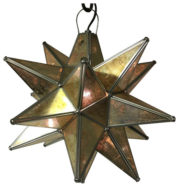 Moravian Star Light, Antique Glass With Silver Trim, 10" Diameter, With Mount Ki