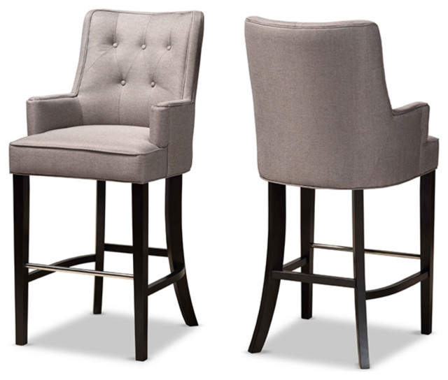 Aldon Gray Fabric Upholstered and Dark Brown Finished Wood Bar Stools, Set of 2