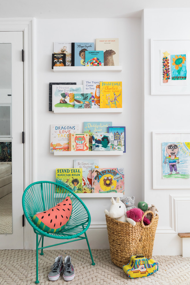 Inspiration for a transitional gender-neutral kids' room in Boston with white walls, carpet and beige floor.