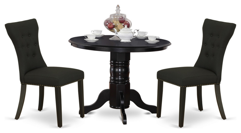 3Pc Kitchen Set, Round Kitchen Table, 2 Chairs, Black Dining Chairs Seat, Black Traditional