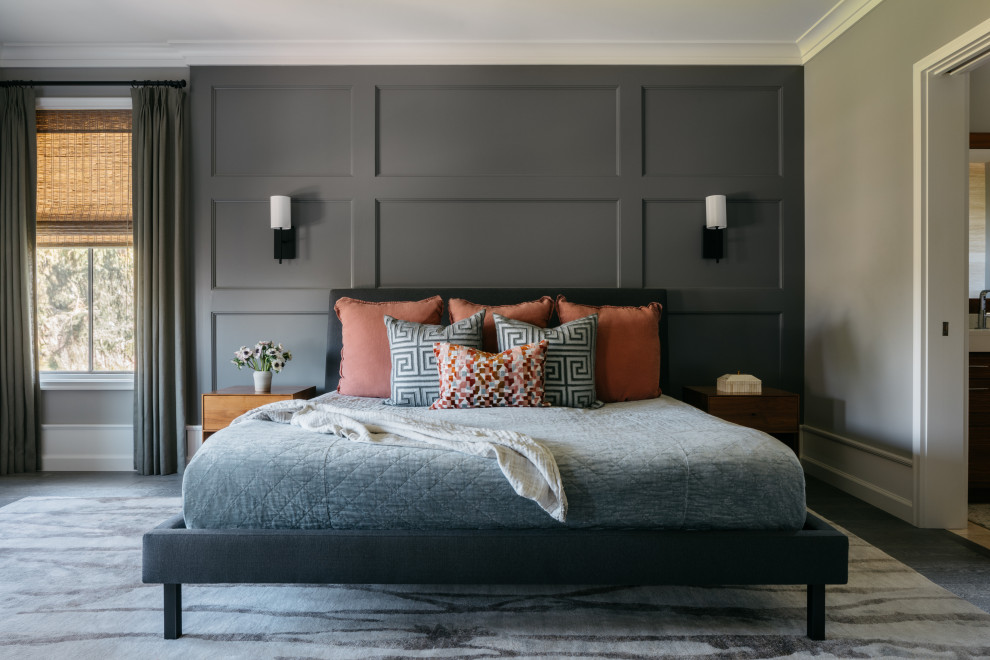 This is an example of a large country master bedroom in Chicago with dark hardwood floors, no fireplace, recessed, panelled walls, grey walls and grey floor.