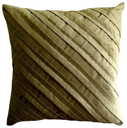 Green Art Silk 14"x14" Pintucks Pillows Cover, Earthy Affair