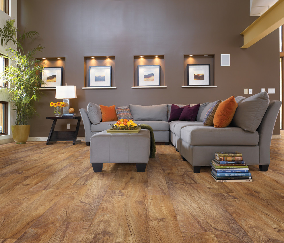 Living room - mid-sized rustic open concept vinyl floor living room idea in Austin with brown walls, no fireplace and no tv