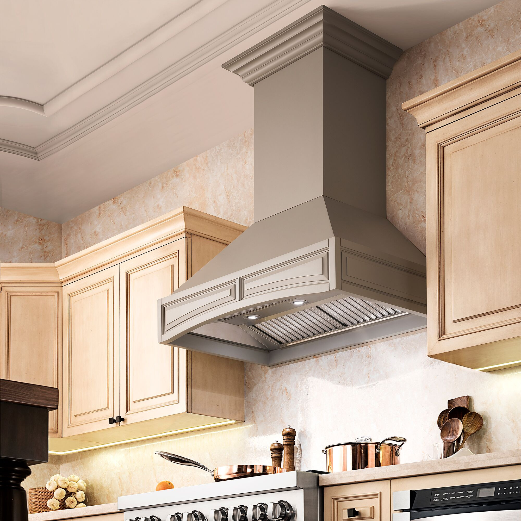 Kitchens featuring a ZLINE Wooden Wall Range Hood