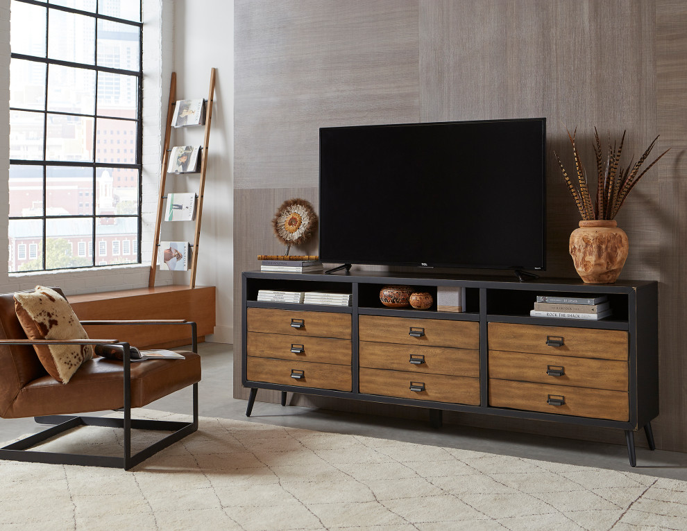 MidCentury 80" TV Console, Entertainment Stand, Fully Assembled, Black Midcentury