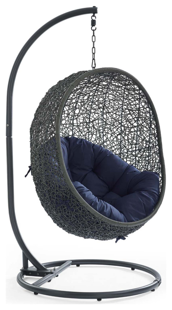 Hide Outdoor Wicker Rattan Swing Chair With Stand, Gray Navy