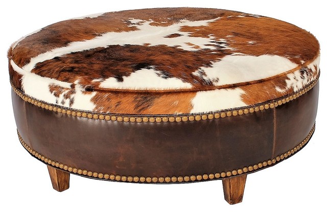Leather And Cowhide Ottoman, Cowhide Round Ottoman