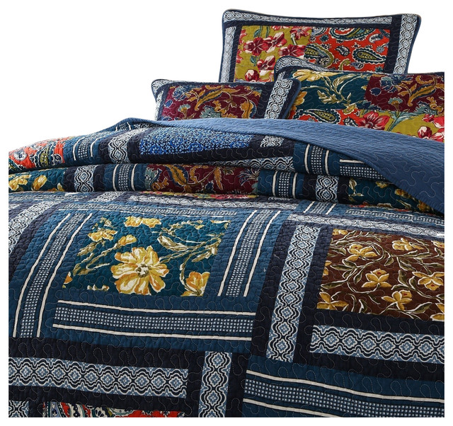 Botanical Midnight Reversible Quilt Set, Ocean Blue ...