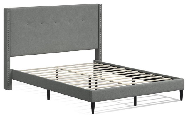 MCM Upholstered Platform Bed, Stone, Queen
