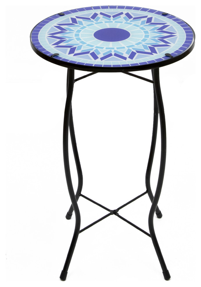 19" Blue Sun Mosaic Glass Patio Side Table Contemporary Outdoor