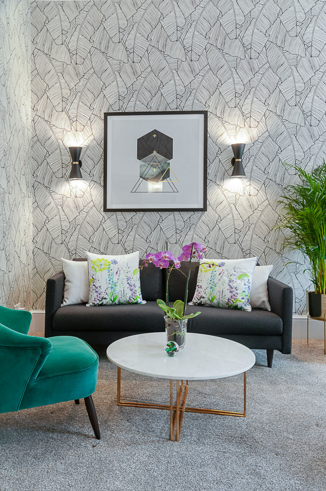 Inspiration for a medium sized contemporary grey and black living room feature wall in London with multi-coloured walls and wallpapered walls.