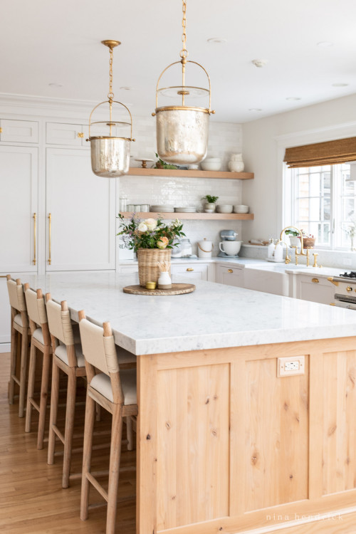Collage-style Pinterest pin showing stained wood kitchen cabinets with white countertops, modern islands, warm wood tones, and neutral kitchen finishes.
