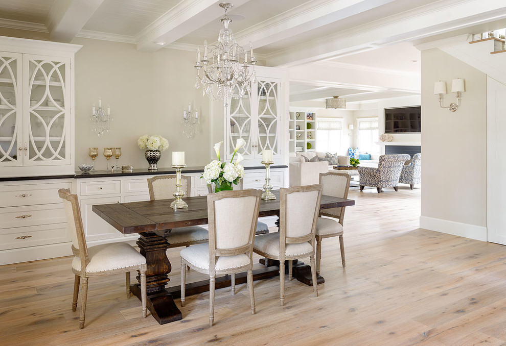 Inspiration for a traditional dining room in San Diego with beige walls, light hardwood floors and beige floor.
