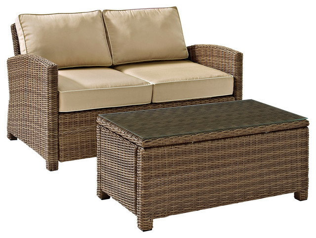2-Piece Outdoor Wicker Seating Set With Sand Cushions, Loveseat and Table