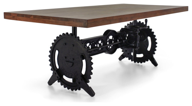 Steampunk Adjustable Dining Table, Iron Crank Base, Provincial Top