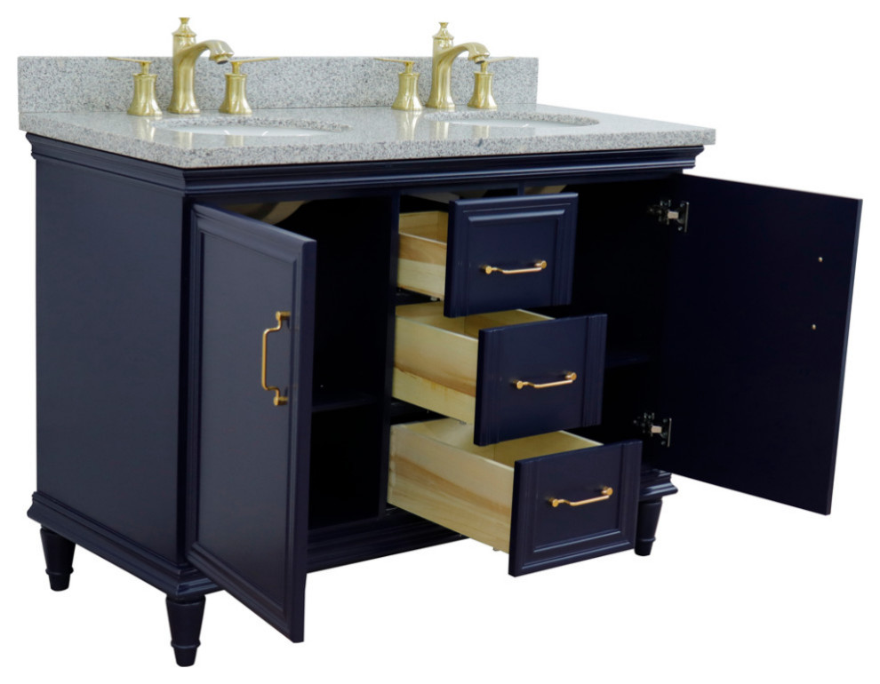 49" Double Vanity, Blue Finish With Gray Granite And Oval Sink ...