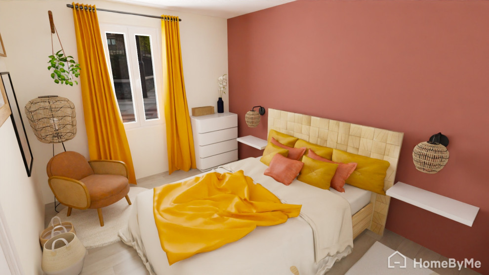 Mittelgroßes Skandinavisches Hauptschlafzimmer ohne Kamin mit roter Wandfarbe, hellem Holzboden und braunem Boden in Paris