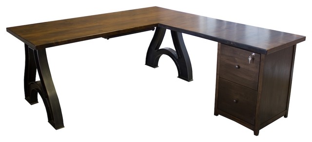 Industrial Wishbone Corner L Shaped Desk With Filing Cabinet