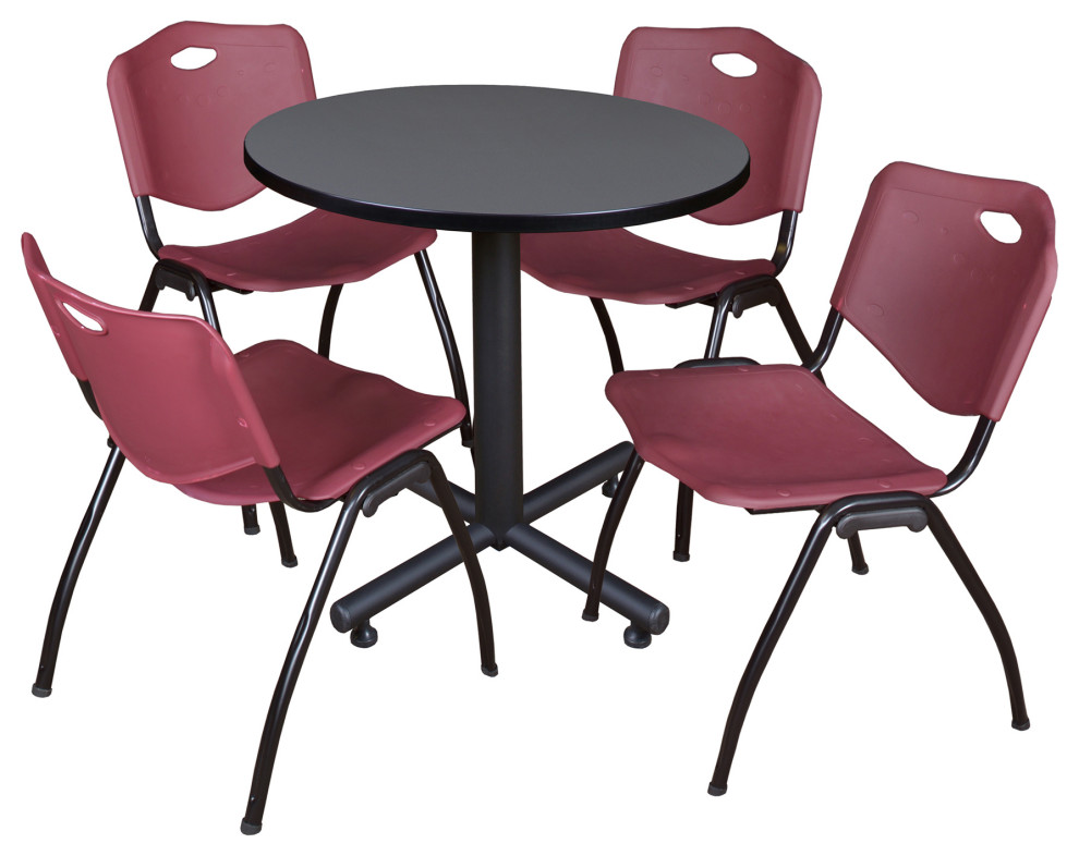 Kobe 30" Round Breakroom Table- Grey & 4 'M' Stack Chairs- Burgundy