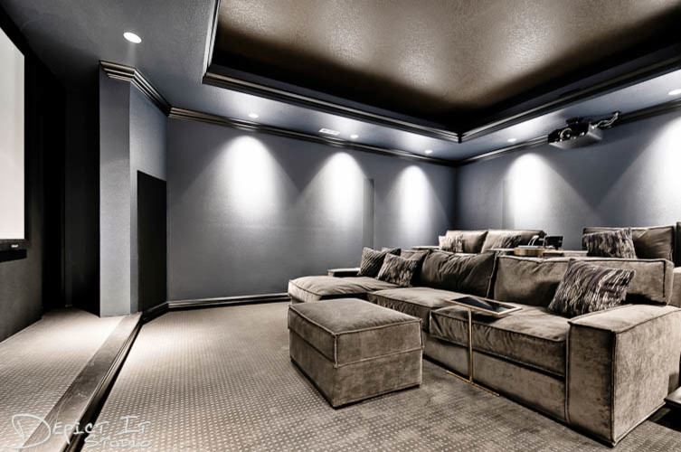 Photo of a mid-sized transitional home theatre in Other.