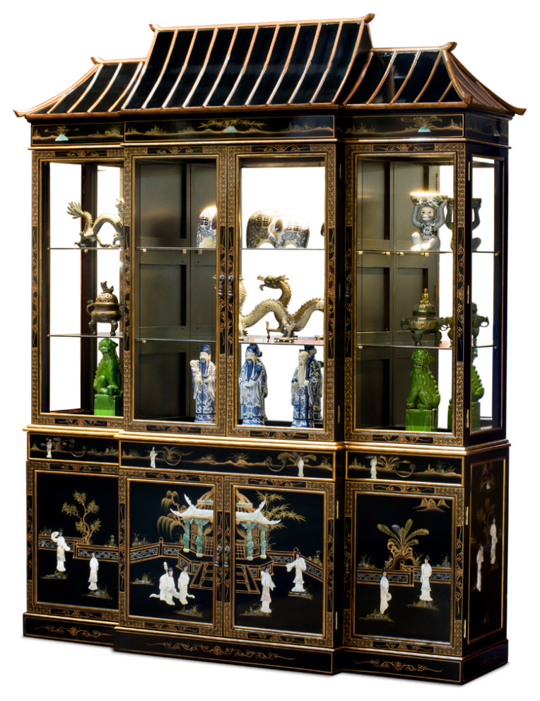 Black Lacquer Mother of Pearl Pagoda China Cabinet - FREE Inside Delivery