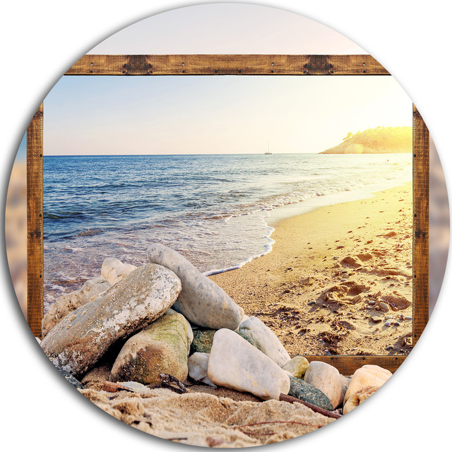 Framed Beach Rocks, Seashore Art Large Disc Metal Wall Art Beach