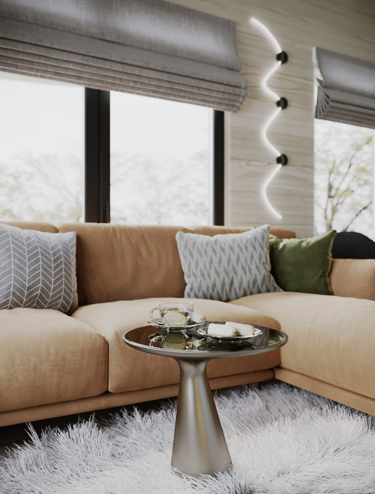 Дизайн кухни-гостиной в доме из бруса