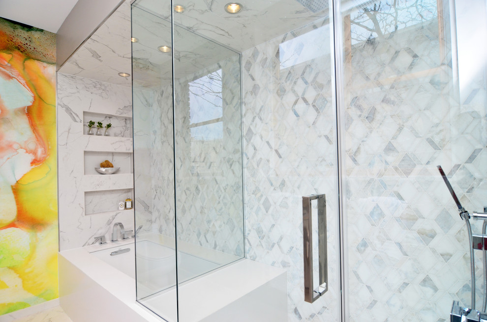 Inspiration for a mid-sized contemporary master bathroom in Milwaukee with an undermount sink, flat-panel cabinets, dark wood cabinets, engineered quartz benchtops, an undermount tub, an alcove shower, a one-piece toilet, white tile, stone tile and marble floors.