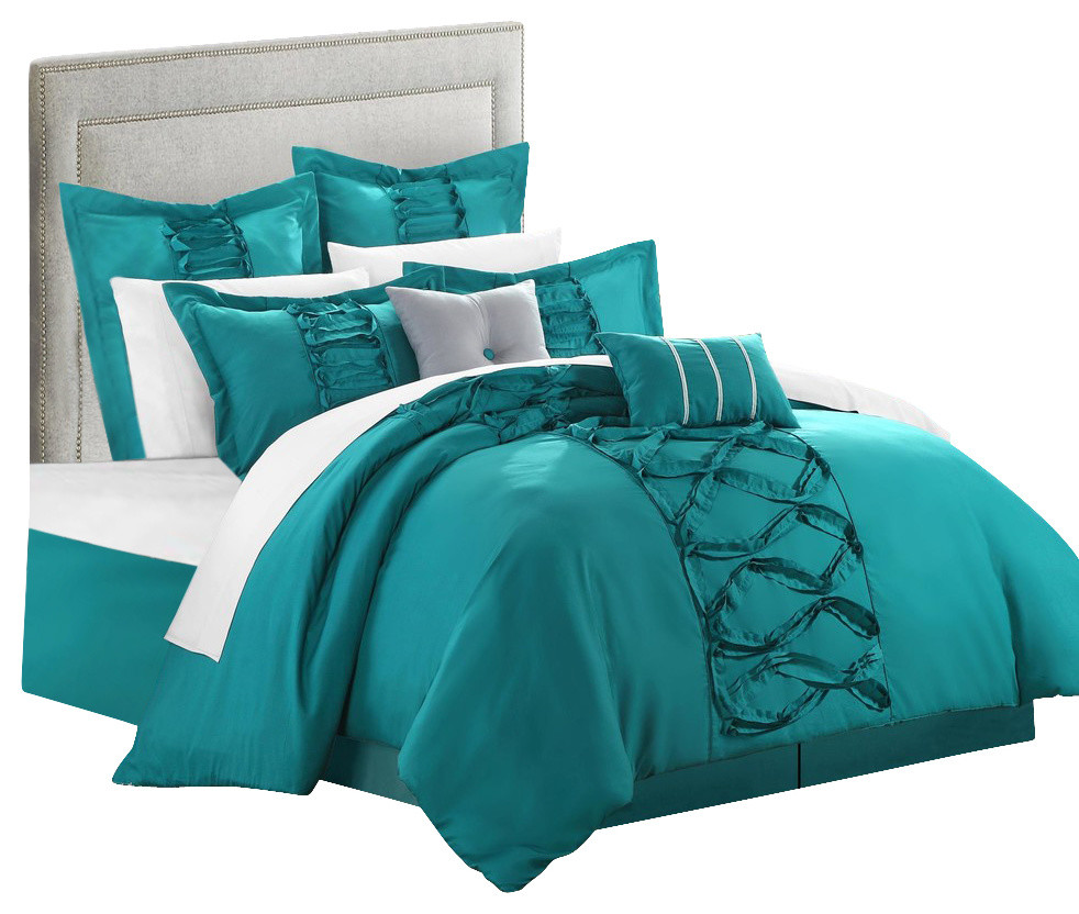 Ruth Ruffled Turquoise 12 Piece Comforter Bed In A Bag Set