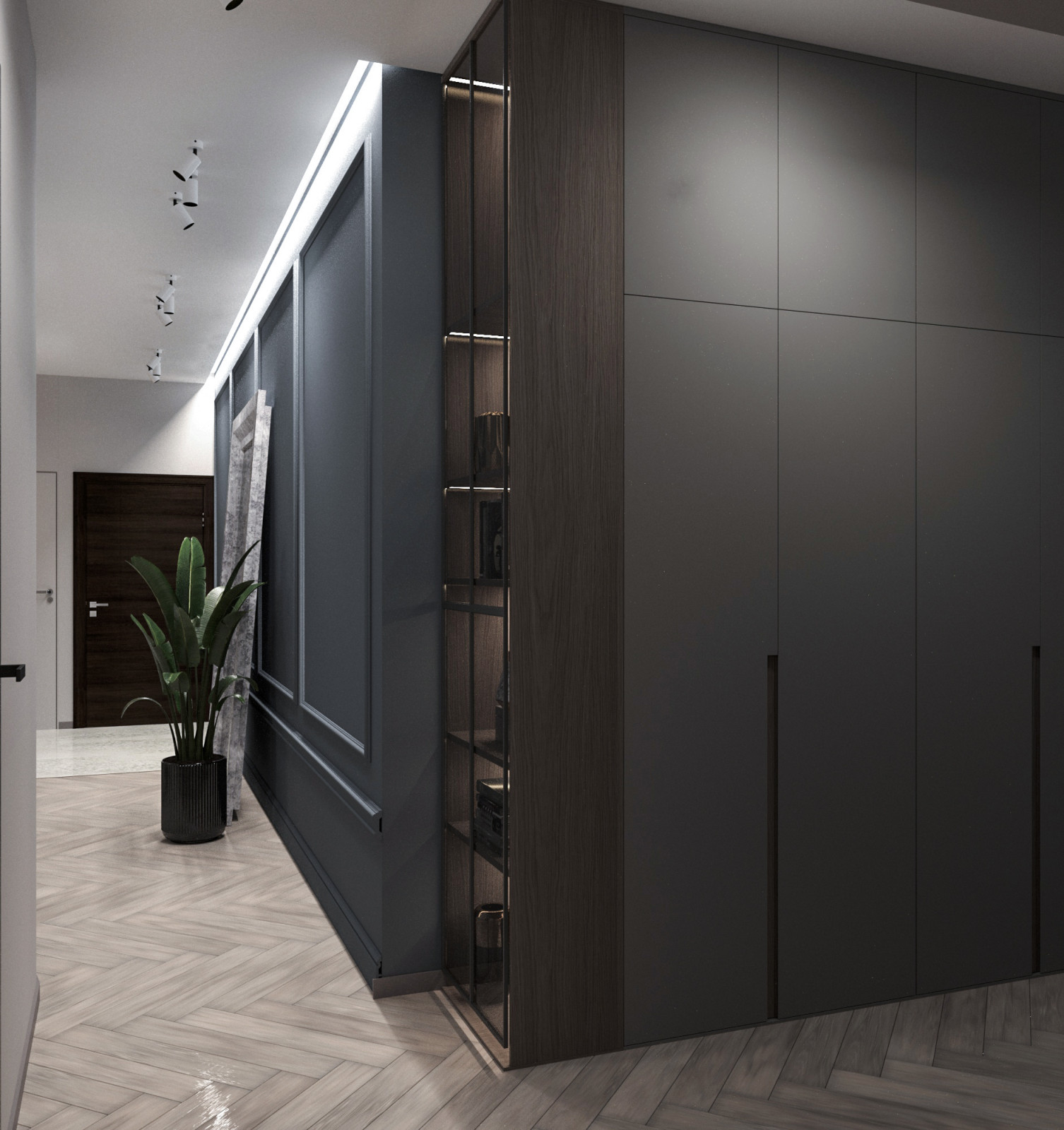 Просторная квартира в синими стенами