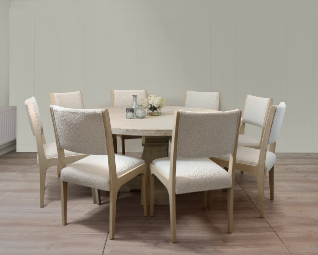 Benedict 70" Solid Wood Round Dining Set With 8 Chairs, Ivory Boucle Fabric