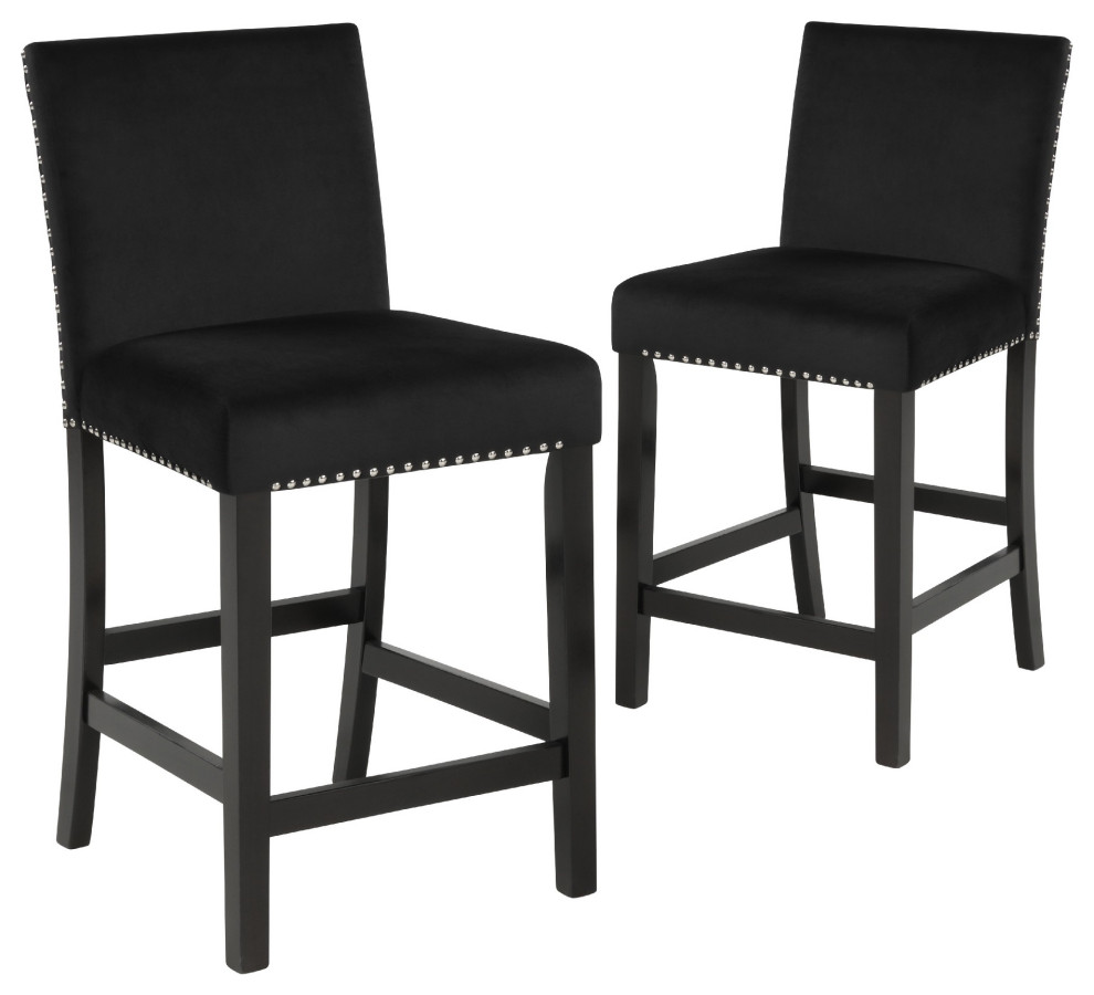 Benzara BM272107 Kate 40" Wooden S/2 Counter Height Chair, Velvet Seat, Black