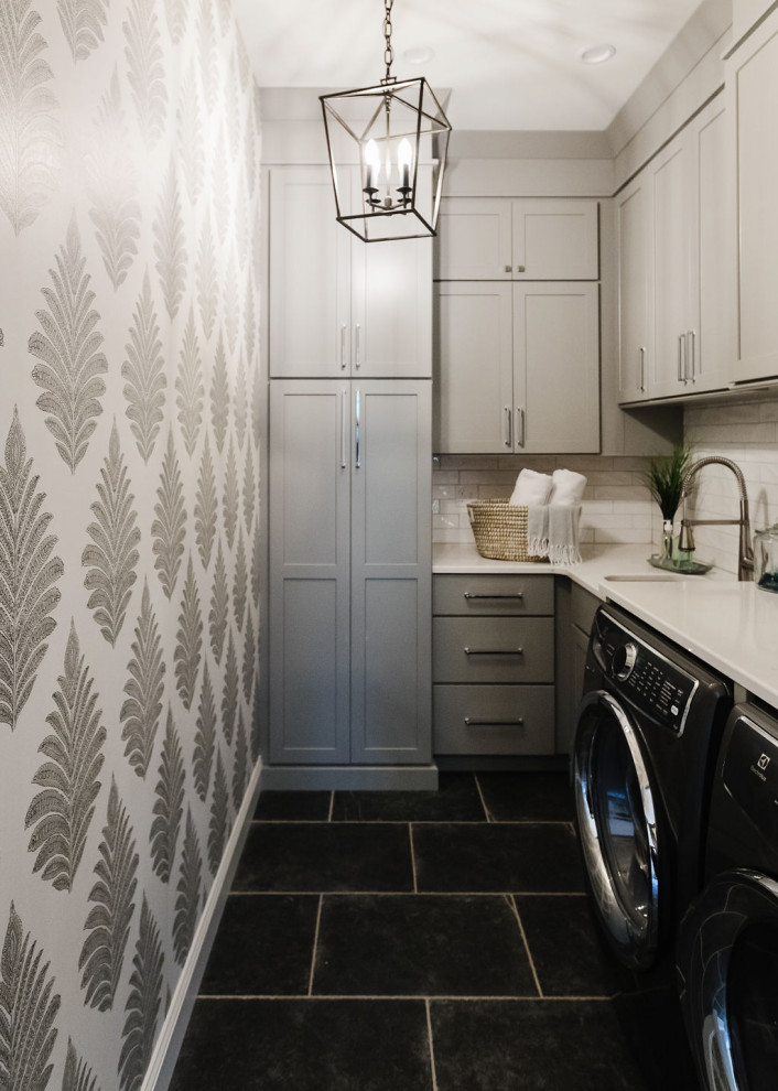 Traditional dedicated laundry room in Boston with wallpaper.