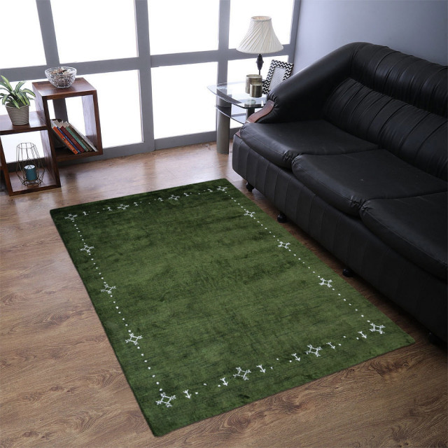 Hand Knotted Loom Silk Mix Area Rug Contemporary Green