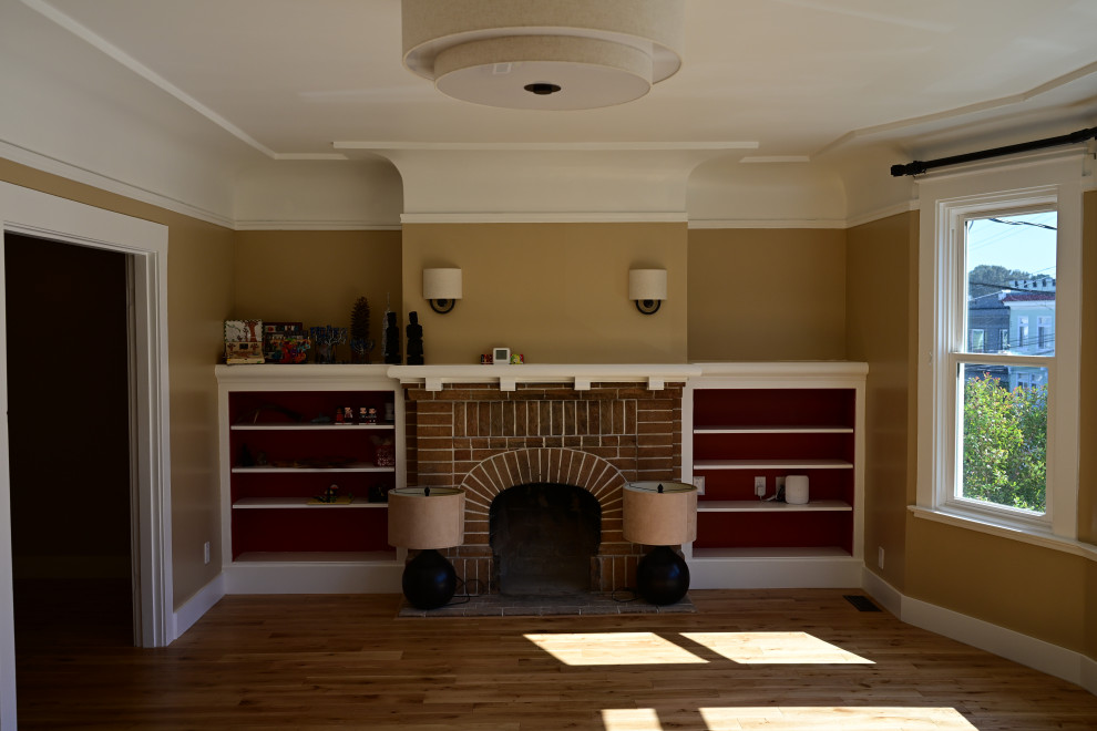 Brick Fireplace with Built-In Shelving and Original Architectural Detail