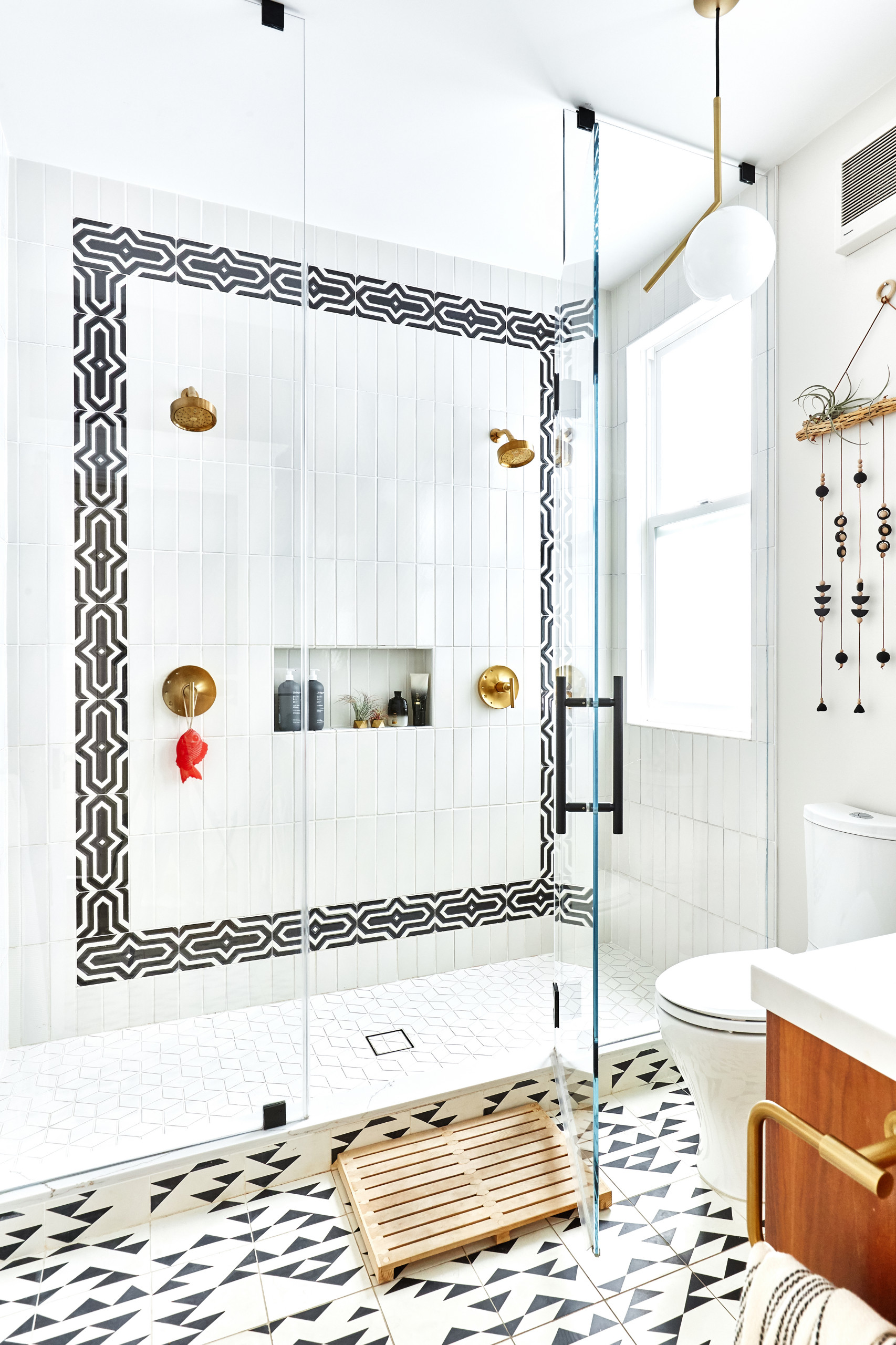White Tiled Shower Niche with Two Shelves - Cottage - Bathroom