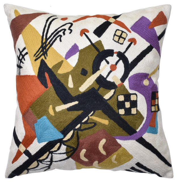 Kandinsky On White Pillow Cover Chair Pillowcase Hand Embroidered White 18x18